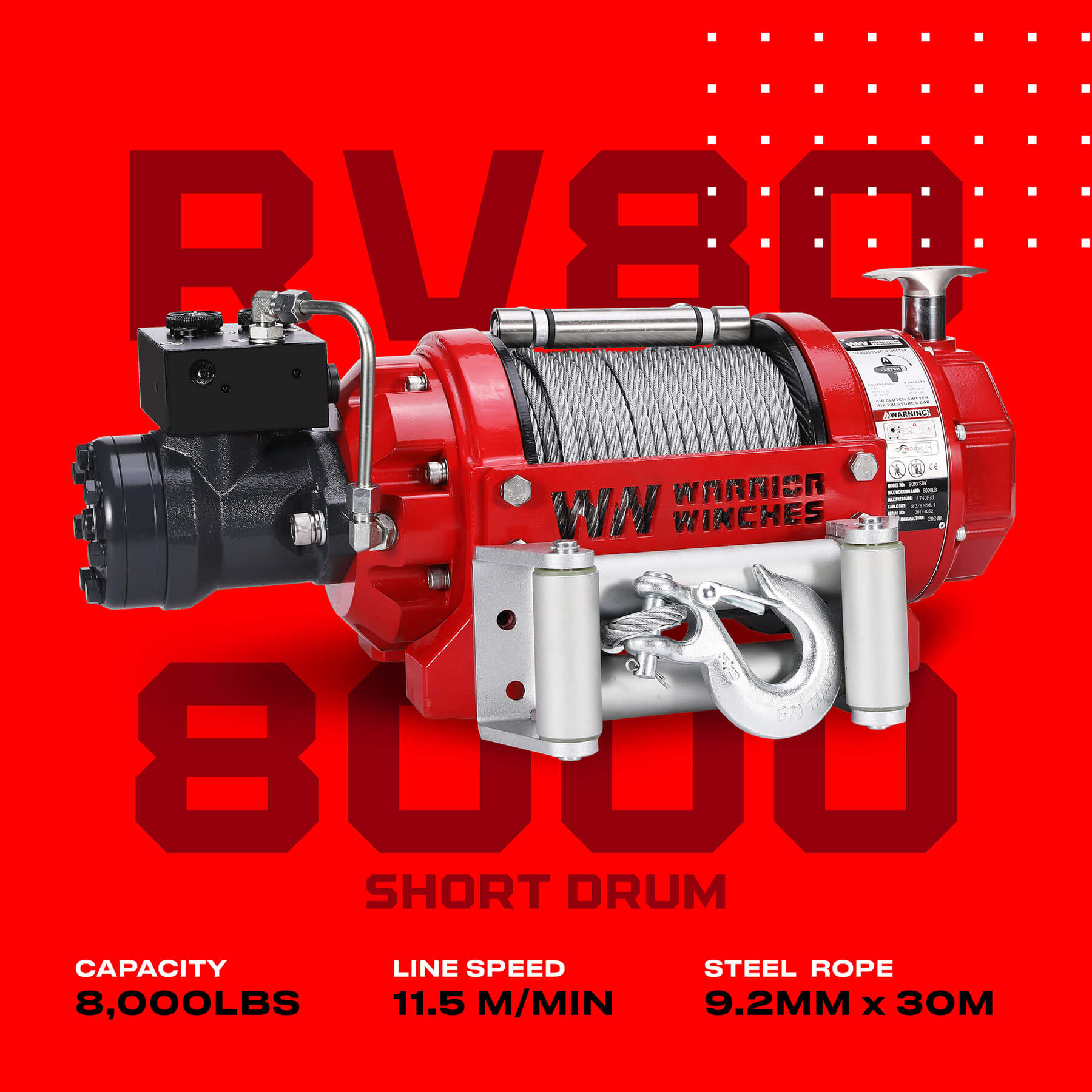 Wyciągarka hydrauliczna Warrior RV8000 z krótkim bębnem i udźwigiem 3,6 tony