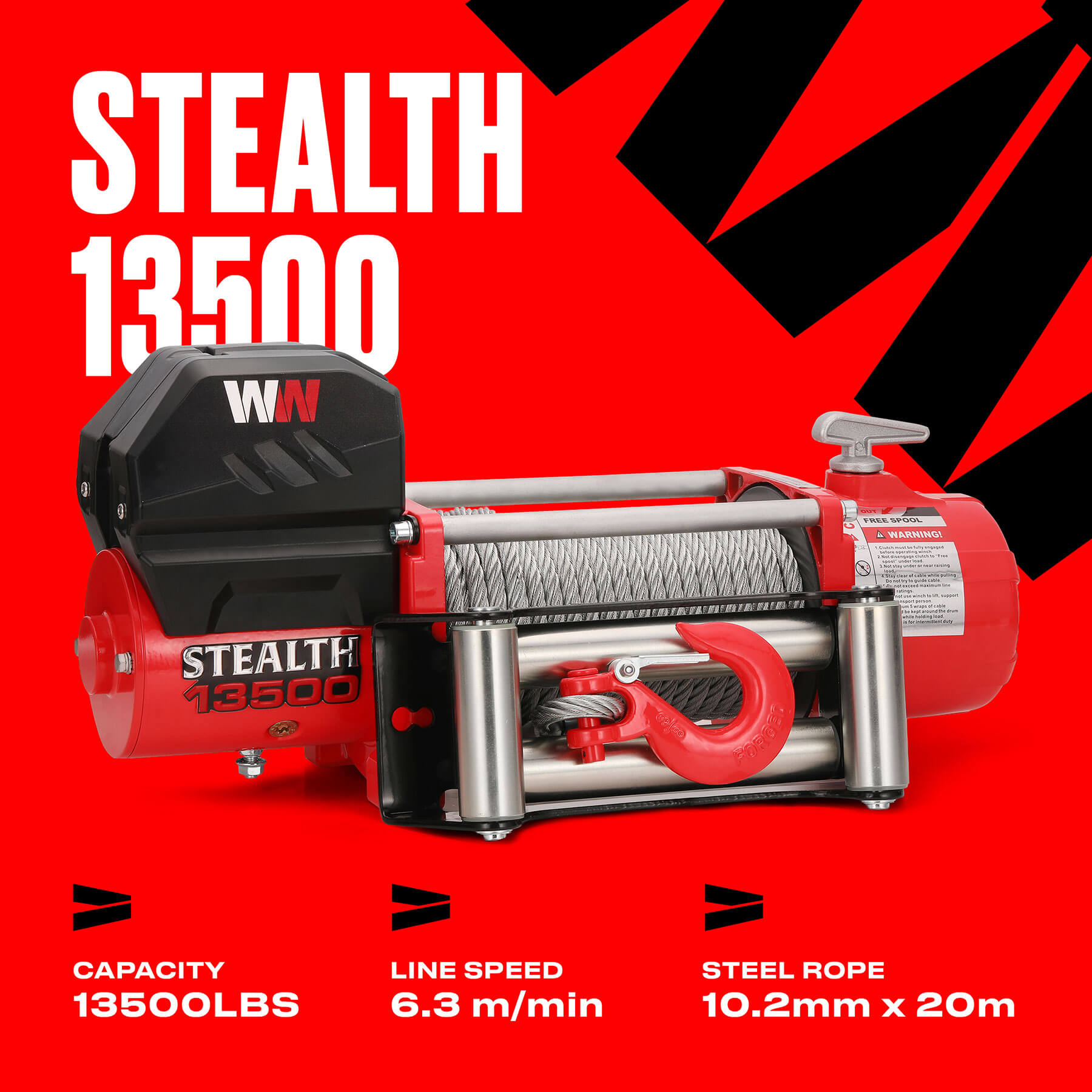 Stealth 13500lb Winch - 24v Steel Rope